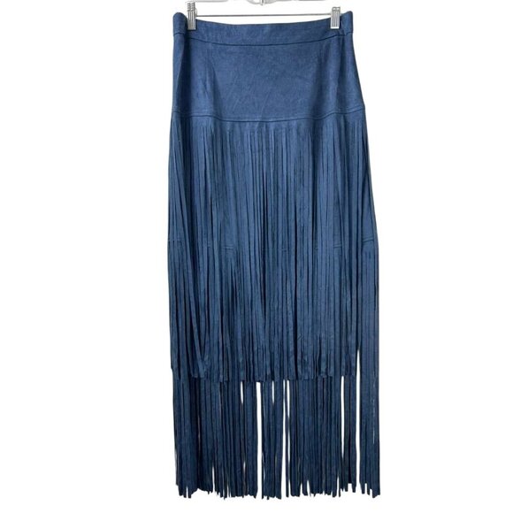 Adore Women's Size Medium Navy Blue Suede Maxi Two-tiered Fringe Skirt - Picture 6 of 14